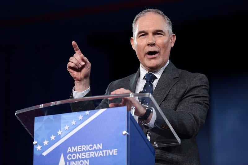 EPA head Scott Pruitt speaking at a podium, which reads, "American Conservative Union."
